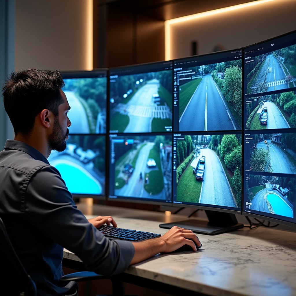Modern security control panel with camera feeds and access controls