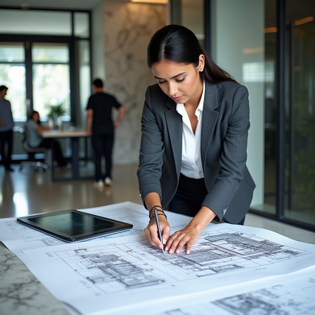 Professional systems architect reviewing building plans